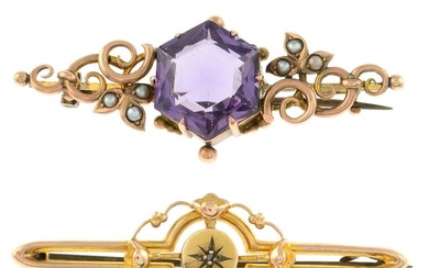 Two early 20th century 9ct gold gem-set bar brooches