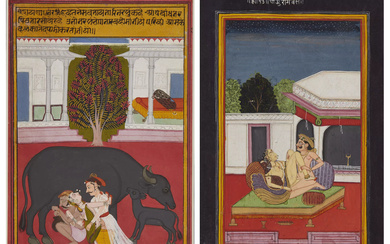 Two erotic scenes, Datia, Central India,17th century, opaque pigments on...