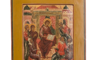 Une icône russe représentant le thème rare du jeune Christ Emmanuel parmi les scribes (mi-pentecôte),...