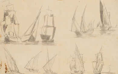 Unknown (19th), Mediterranean sailing ships, sailing ship types, Pen drawing