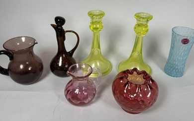 VASELINE GLASS CANDLESTICKS AND OTHER GLASS, 7.5" AND SMALLER