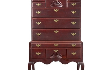 VERY FINE AND RARE QUEEN ANNE CARVED CHERRYWOOD HIGH CHEST OF DRAWERS, PROBABLY WETHERSFIELD, CONNECTICUT, POSSIBLY HARTFORD, CIRCA 1765
