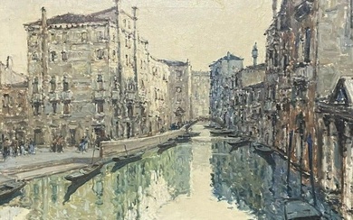VERY LARGE 1960'S ITALIAN SIGNED OIL - IMPRESSIONIST VENICE TRANQUIL CANAL SCENE c. 1950's