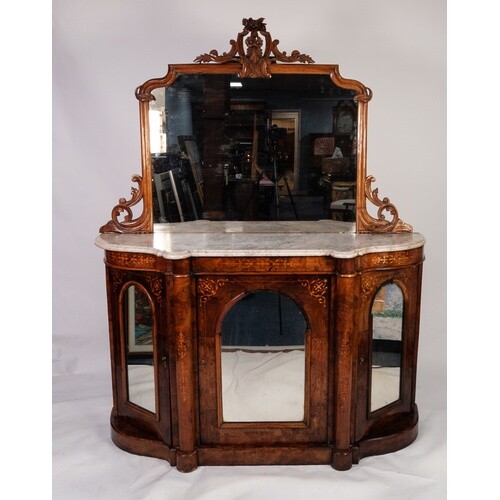 VICTORIAN MARQUETRY INLAID FIGURED WALNUT CHIFFONIER WITH WH...