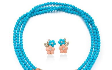 Van Cleef & Arpels Turquoise, Coral and Diamond Demi-Parure |...