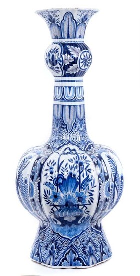 Very large and impressive late 19th century blue and white Dutch Delft garlic neck vase, painted with flowers and foliate patterns, marked on the base, 86cm height