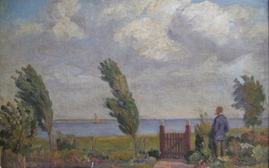 Victor Johansen: A gentleman gazing towards the fjord. Signed Victor Johansen. Verso with exhibition label from 1918. Oil on canvas. Visible size 35×48 cm.
