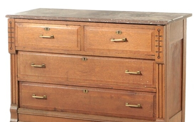 Victorian Eastlake Style Marble Top Oak Chest of Drawers, Early 20th Century