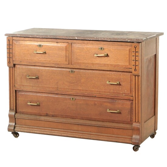Victorian Eastlake Style Marble Top Oak Chest of Drawers, Early 20th Century