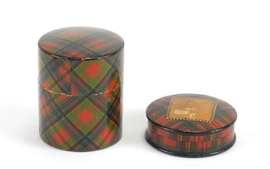 Victorian Tartanware stamp box and cotton reel box, the
