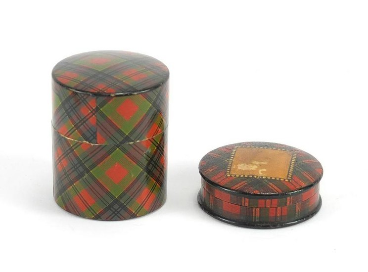 Victorian Tartanware stamp box and cotton reel box, the