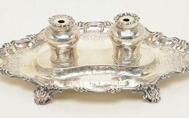 Victorian sterling silver inkstand. Two baluster-form