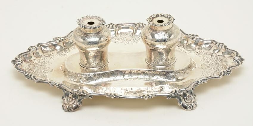 Victorian sterling silver inkstand. Two baluster-form