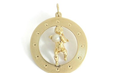 Vintage Cupid Cherub Pearl Necklace Pendant Charm 14K Yellow Gold, 6.56 Grams
