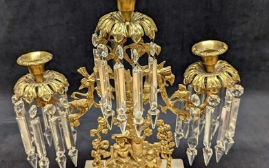 Vintage Gilt Brass Candelabra With Crystal Prisms (F37)