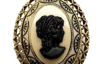 Vintage Gold Toned Black & Cream Cameo Brooch Depicting A Silhouette Of A Victorian Beauty