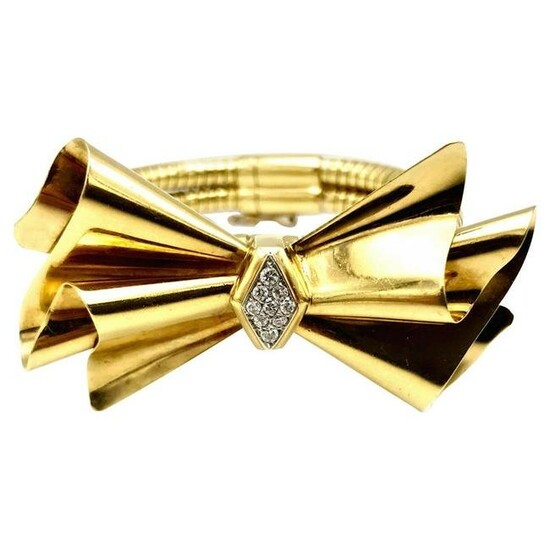 Vintage Italian Yellow Gold Diamond Tubogas Bow