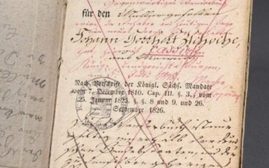 Volume "Journeyman traveling book" kept by Johann Gotthelt Zschoche 1834-1848, 64 pages with various city stamps a.o. of Dresden, Leipzig and Hamburg (p. 23)