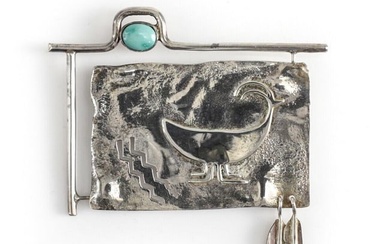 Vtg Sterling Silver And Turquoise Brooch Southwest Artisan Modernist design