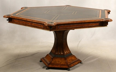 WALNUT AND TOOLED LEATHER PEDESTAL GAMES TABLE
