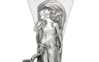 WMF, Art Nouveau figural vase with liner, circa 1900, Pewter, clear and etched glass, Marks rubbed and indistinct, 52cm high including glass liner