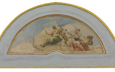 Waaiervormig ontwerp voor een fresco. Met twee sibillen en putti. Aquarel. Beschadigd. Opschrift onderaan 'J. H.