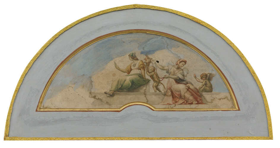 Waaiervormig ontwerp voor een fresco. Met twee sibillen en putti. Aquarel. Beschadigd. Opschrift onderaan 'J. H.