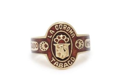 YELLOW GOLD AND RED ENAMEL CIGAR BAND RING
