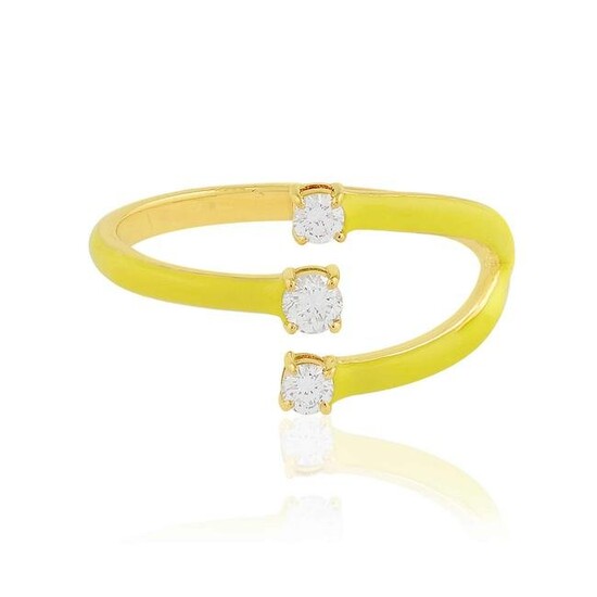Yellow Enamel Three Diamond Cuff Ring 18k Yellow Gold
