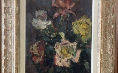 Yvonne DELDICQUE (1895-1977) Roses, Arras, 1964 Huile sur toile signée en bas