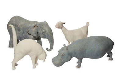 Zoe Whiteside, English, four studio pottery animals, comprising: an elephant, a hippopotamus, a goat and a cat, the elephant 49cm long (4) ARR