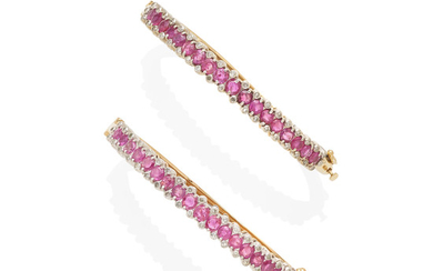 a pair of gold, diamond and ruby bangles