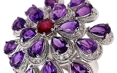 0.46ct Natural Ruby, 6.00ct Natural Amethysts and 0.20ct Natural Diamonds - IGI Report - 18 kt. White gold - Ring Ruby
