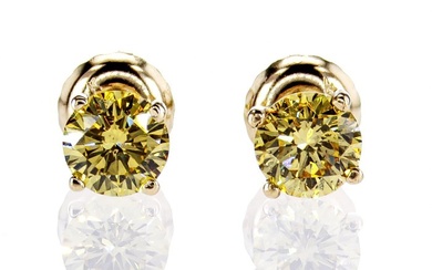 0.77 Ct Fancy Vivid Yellow Round Diamond Earrings - 14 kt. Yellow gold - Earrings - 0.77 ct Diamond - No Reserve