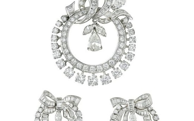 A Diamond Circle Bow Pin/Pendant and Earrings Set