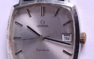 AN OMEGA STAINLESS STEEL WRIST WATCH. 3 cm wide.