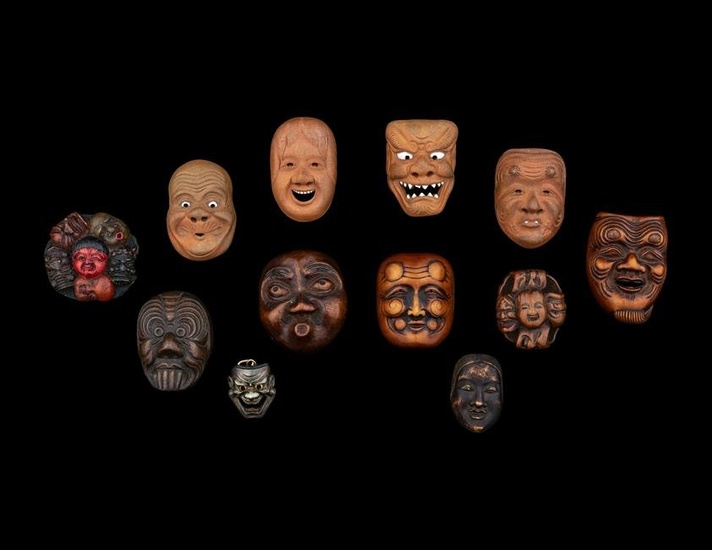 12 Japanese Wood and Metal 'Mask' Netsuke