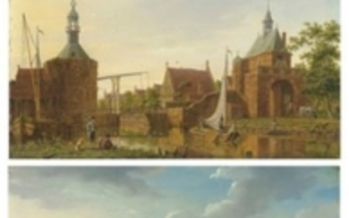 Isaac Ouwater (Amsterdam 1748-1793), The Keetpoort en Oost and Kaaipoort, Edam; and Purmer and Monnikendammerpoort, Edam with the Kwakelbrug with the spire of the Onze-Lieve-Vrouwe-kerk beyond