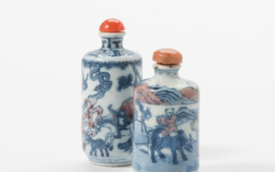 Two Chinese blue and white and copper-red-glazed cylindrical snuff bottles