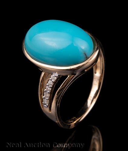 14 kt. Yellow Gold, Turquoise and Diamond Ring