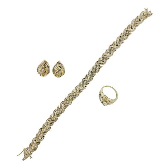 14K Gold Diamond Bracelet Ring Earrings Set