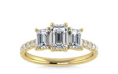 14K Yellow Gold Lab Grown Diamond 3 Ct.Tw. Emerald Shape Three Stone Engagement Ring
