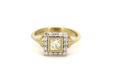 14K Yellow Gold and Light Fancy Yellow Diamond, Square Shaped...