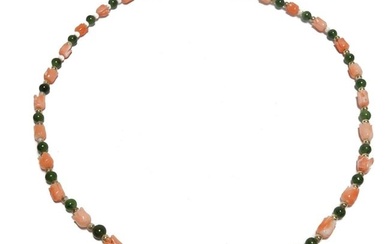 14k Yellow Gold Coral and Nephrite Jade Necklace