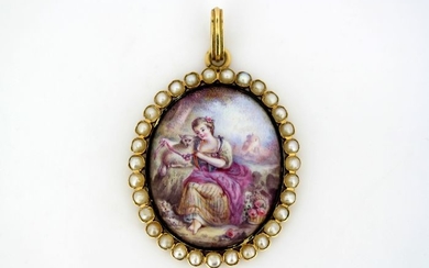 15 kt. Gold - Antique Pendant With Hand Painted Girl with cat on Mother of Pearl Freshwater Pearls and Enamel.