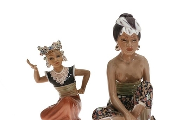 Jens Peter Dahl-Jensen: ''Woman from Bali'' and ''Monuia''. Two porcelain figurines, decorated in colours. 1136 and 1323. Dahl-Jensen. H. 21 and 15.5 cm. (2)