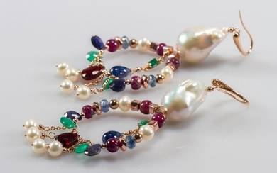 18 kt. Pink gold - Earrings Baroque pearls - Emeralds, Pearls, Rubys, Sapphires