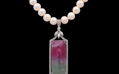 18 kt. Sweetwater pearls, White gold, Diamond - Necklace with pendant - 43.01 ct Tourmaline - Diamond, Pearl