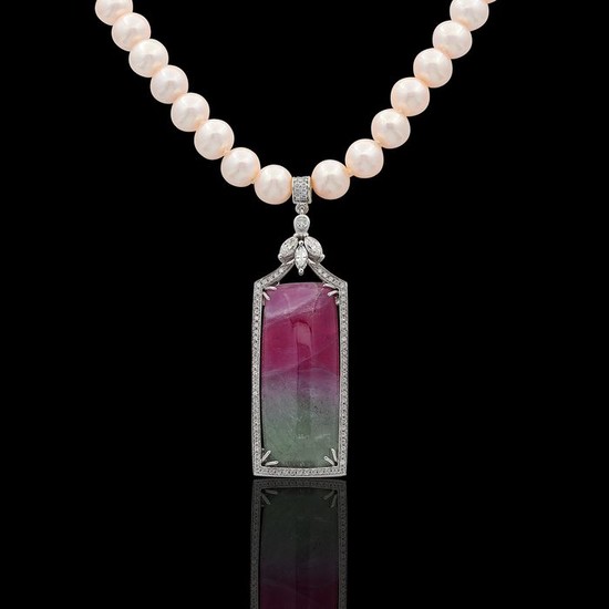 18 kt. Sweetwater pearls, White gold, Diamond - Necklace with pendant - 43.01 ct Tourmaline - Diamond, Pearl