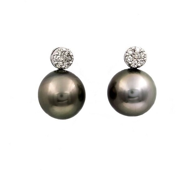 18 kt. White gold - Earrings - 0.40 ct Diamonds - Pearls, diameter 10.00 mm